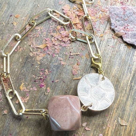 Gold and Tan Geometric Bracelet with Natural Stone - Picture 1 of 3